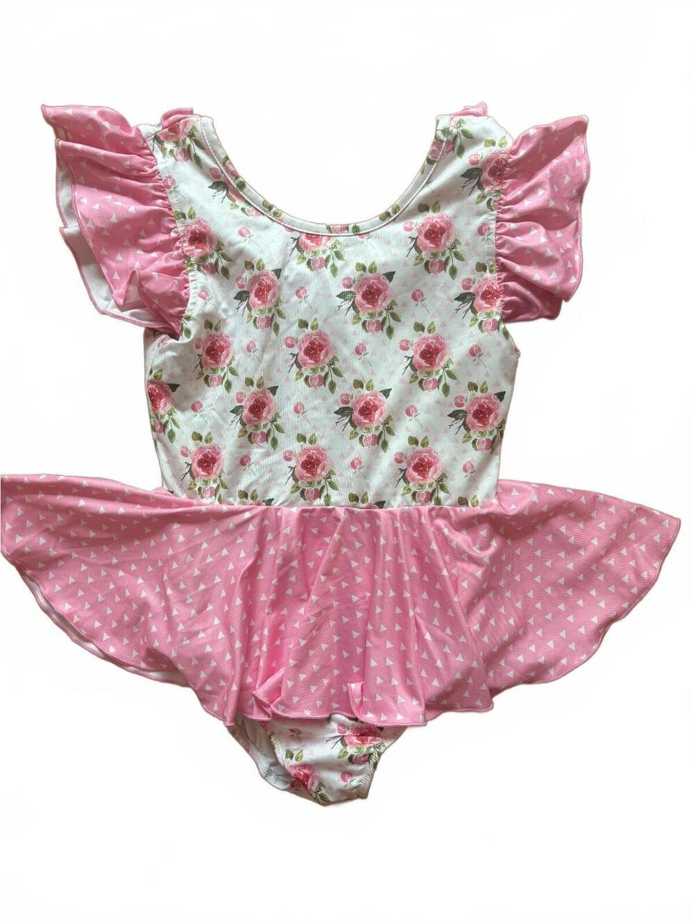 Leo Luvs Girls' Size 8 Floral and Pink Ruffle Sleeve One-Piece leo skirted